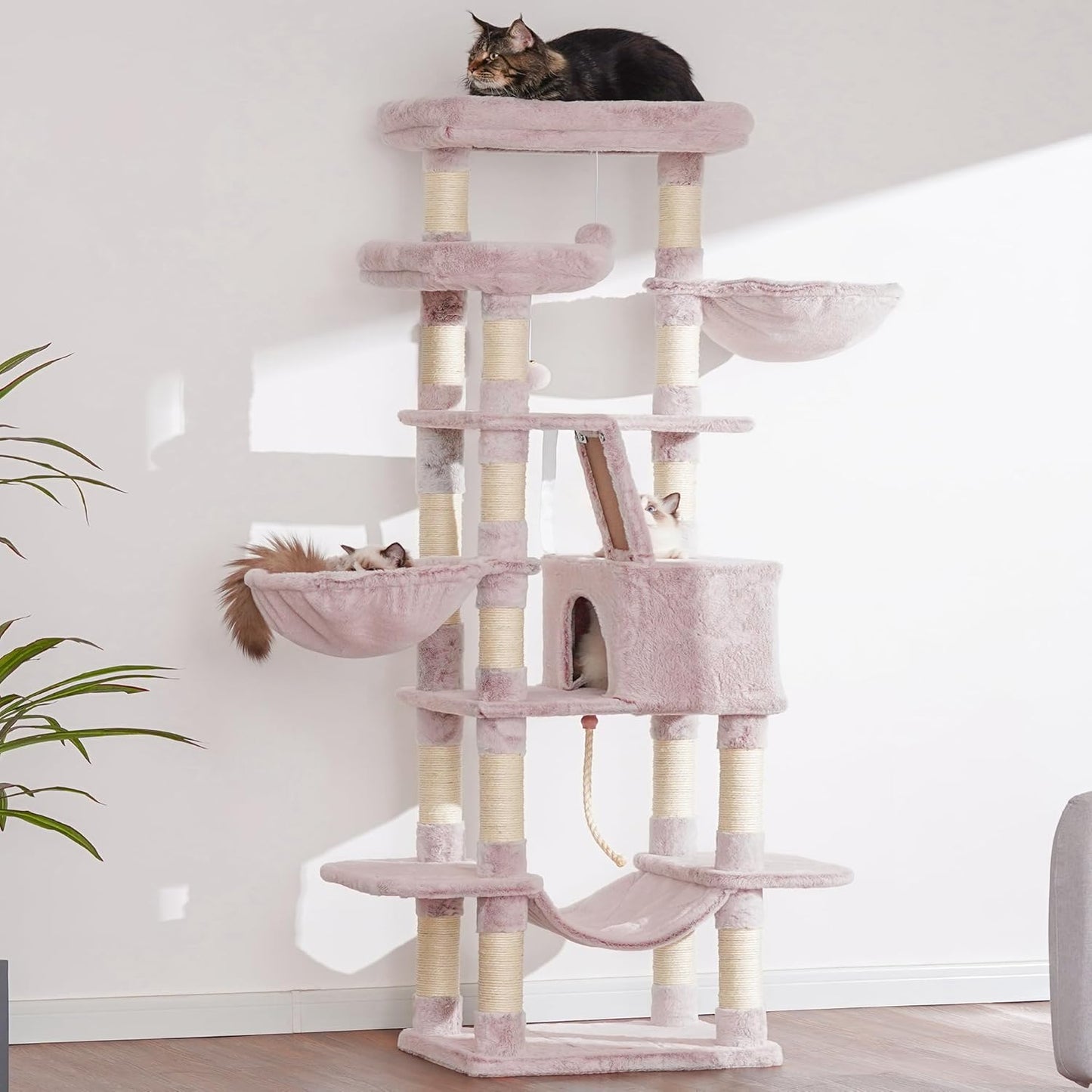 Heybly Cat Tree, 68 inch Multi-Level Cat Tower for Indoor Cats, 2 Widened Plush Perches Cat Condo with Scratching Board and Big Caves, Muchroom HCT025MU
