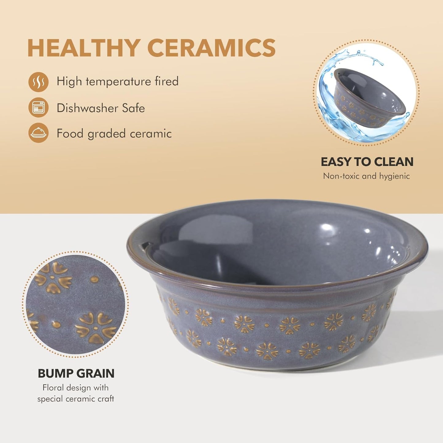 6.3inch Ceramic Set of 2 Dog Bowls, Food and Water Bowls for Small and Medium Dog, 2pcs Basic Dog Bowl, Wide Opening Rounded Edge (2 Bowls, Reactived Glaze -Grey)