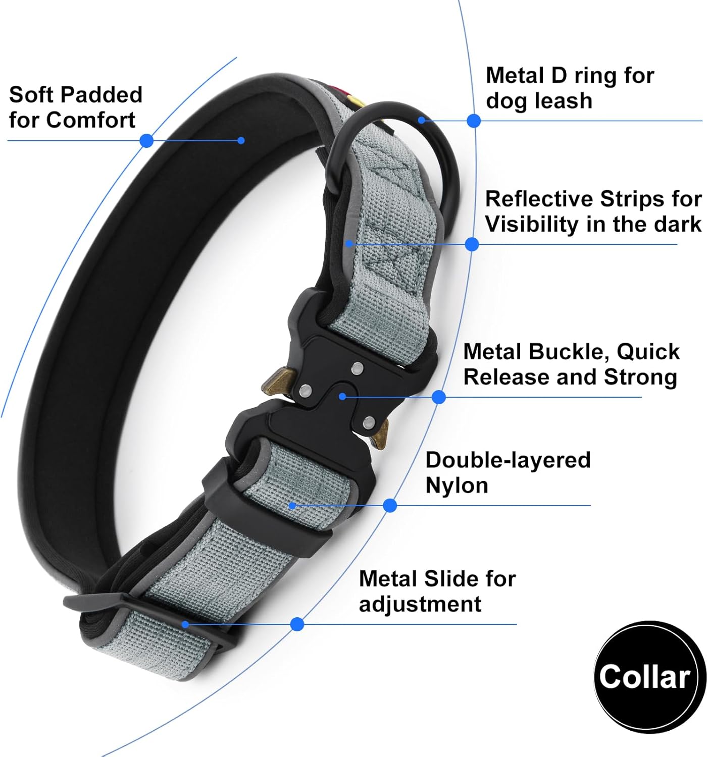 Plutus Pet Tactical Dog Collar, Reflective, Adjustable Heavy Duty Dog Collar, Soft Padded and Comfortable, for Small Medium and Large Dogs (Gray, XS)