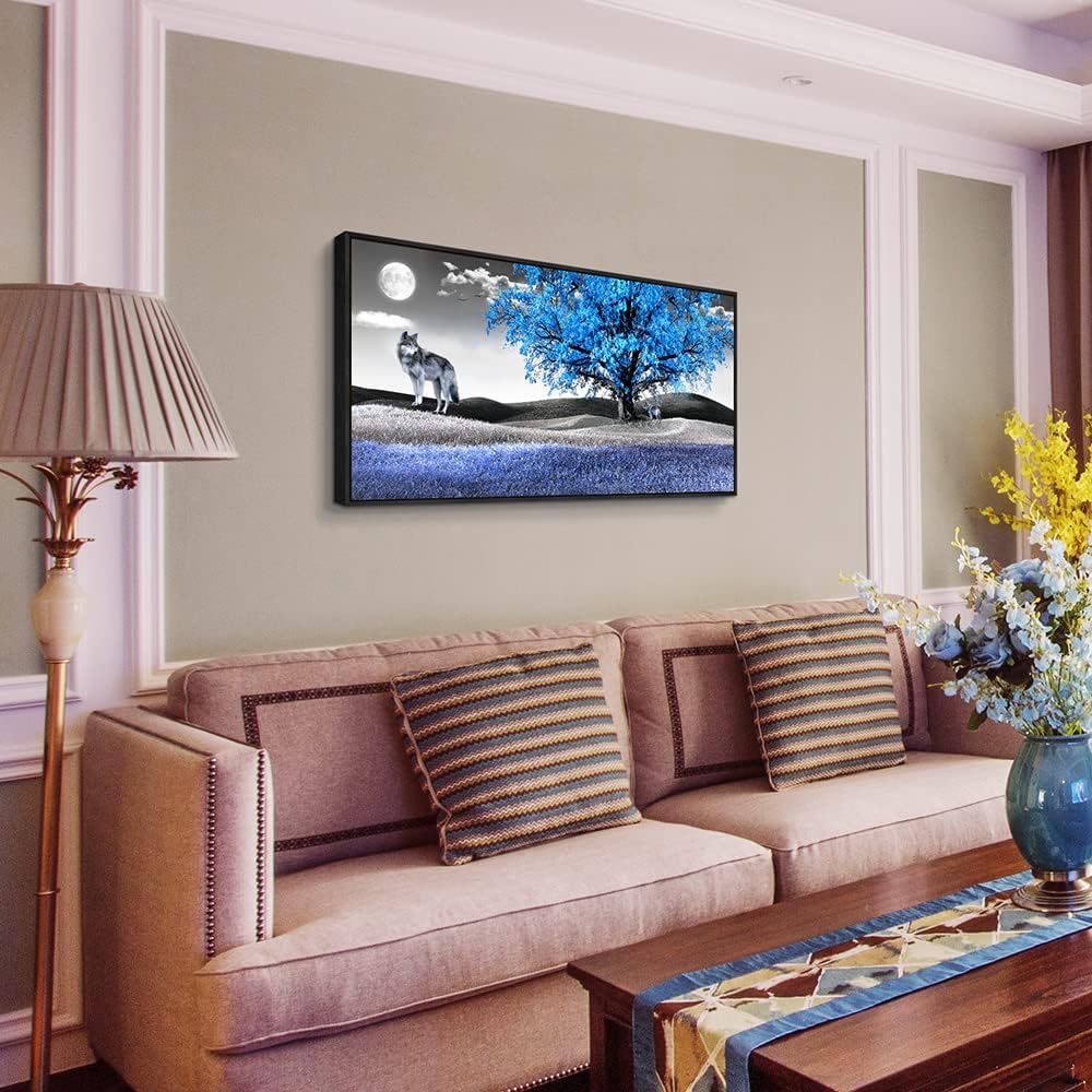 Framed Canvas Wall Art For Living Room Family Wall Decorations For Bedroom Modern Office Wall Decor Paintings Blue Tree Landscape Pictures Artwork Canvas Art Prints Home Decor Black Frame 20" X 40"