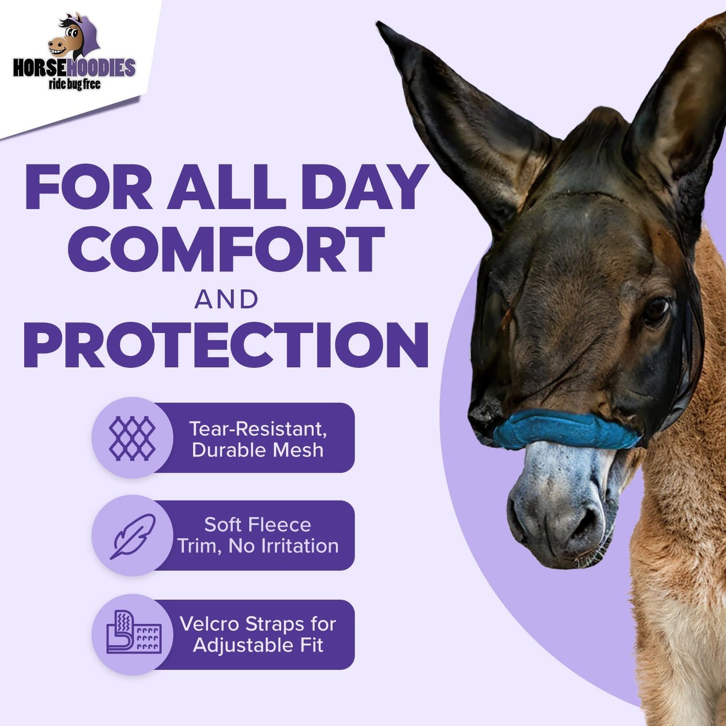 Donkey Fly Mask with Long Ears (Blue) Made in USA - Mule Fly Mask with Ears Protection from Insects and Bugs, Mini Donkey Soft Mesh Fabric with Adjustable Fastener, Face Cover Supplies for Donkeys
