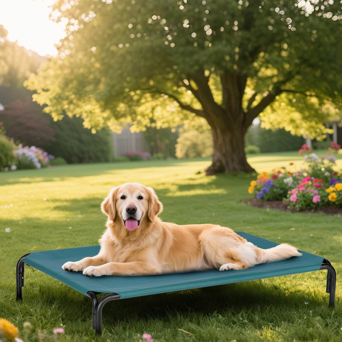 Elevated Dog Bed for Outdoor, Medium Raised Dogs Cot for Training, Cooling Pet Beds with Washable Mesh, Indestructible Lifted Platform for Outside Camping, 35 inch Green