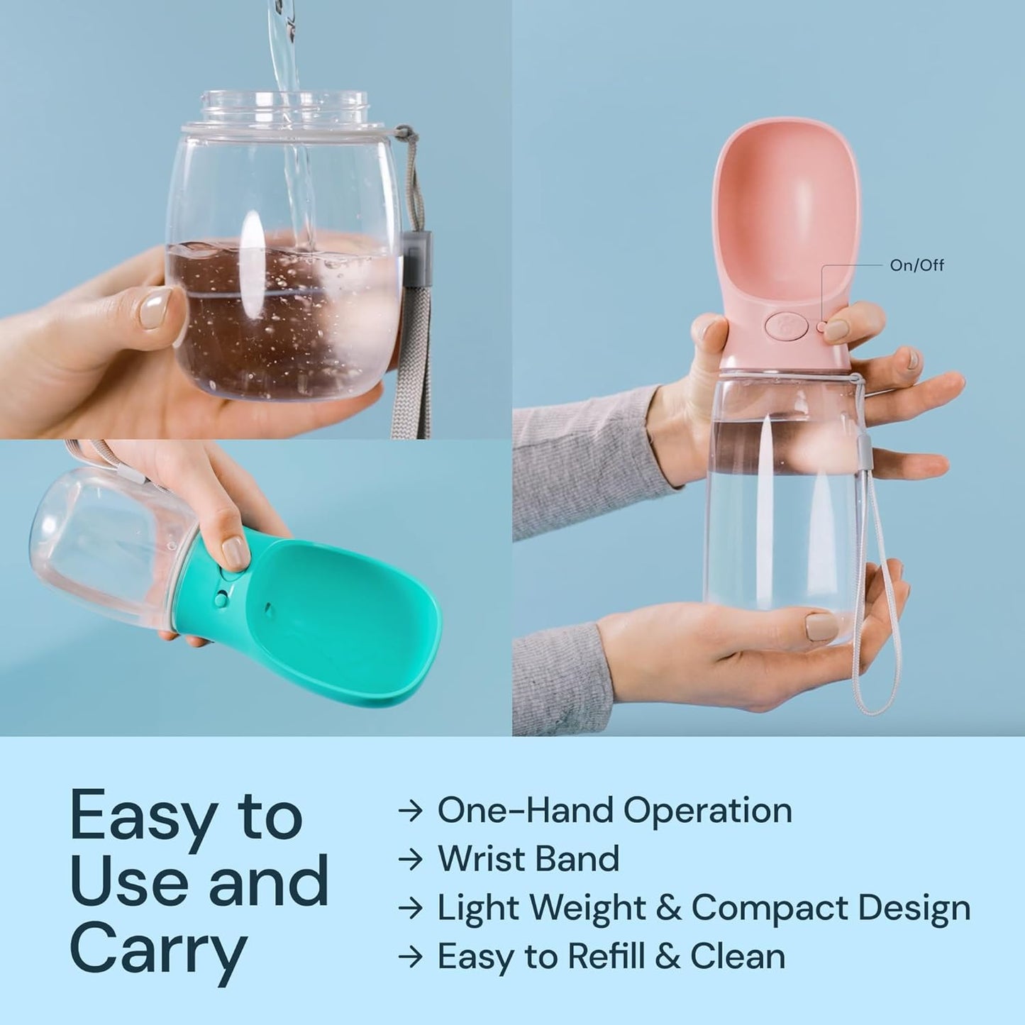 MalsiPree Leak-Proof Portable Dog Water Bottle for Travel - 19 oz, with Pink Bowl - Food Grade Plastic - Dog Bowls - Puppy Essentials - Pet Water Bottle