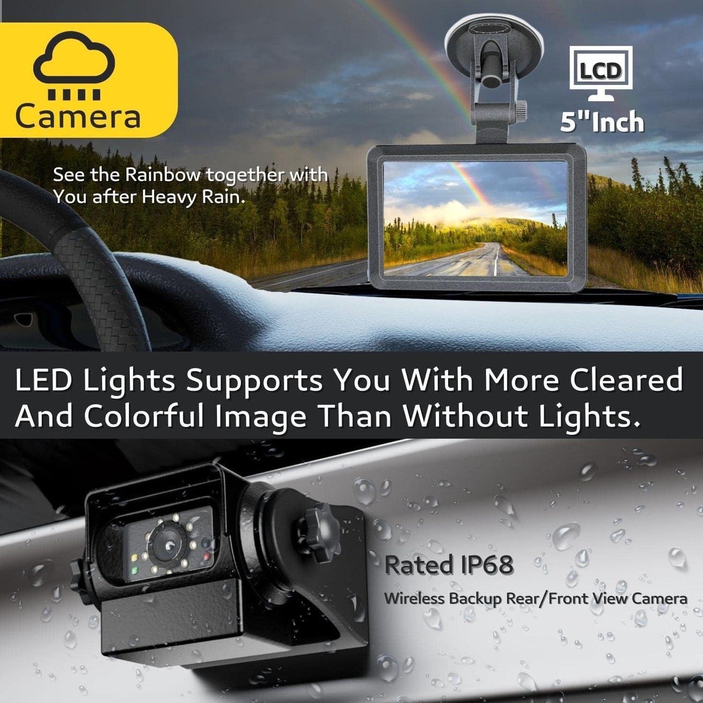 EWAY 2 Magnetic Wireless Backup Cameras HD1080P w/ 5" Split Screen Monitor Portable No Wiring Trailer Hitch IR Night Vision Rear View Camera for Truck Pickup RV Camper 5th Wheel Boat Horse Trailer