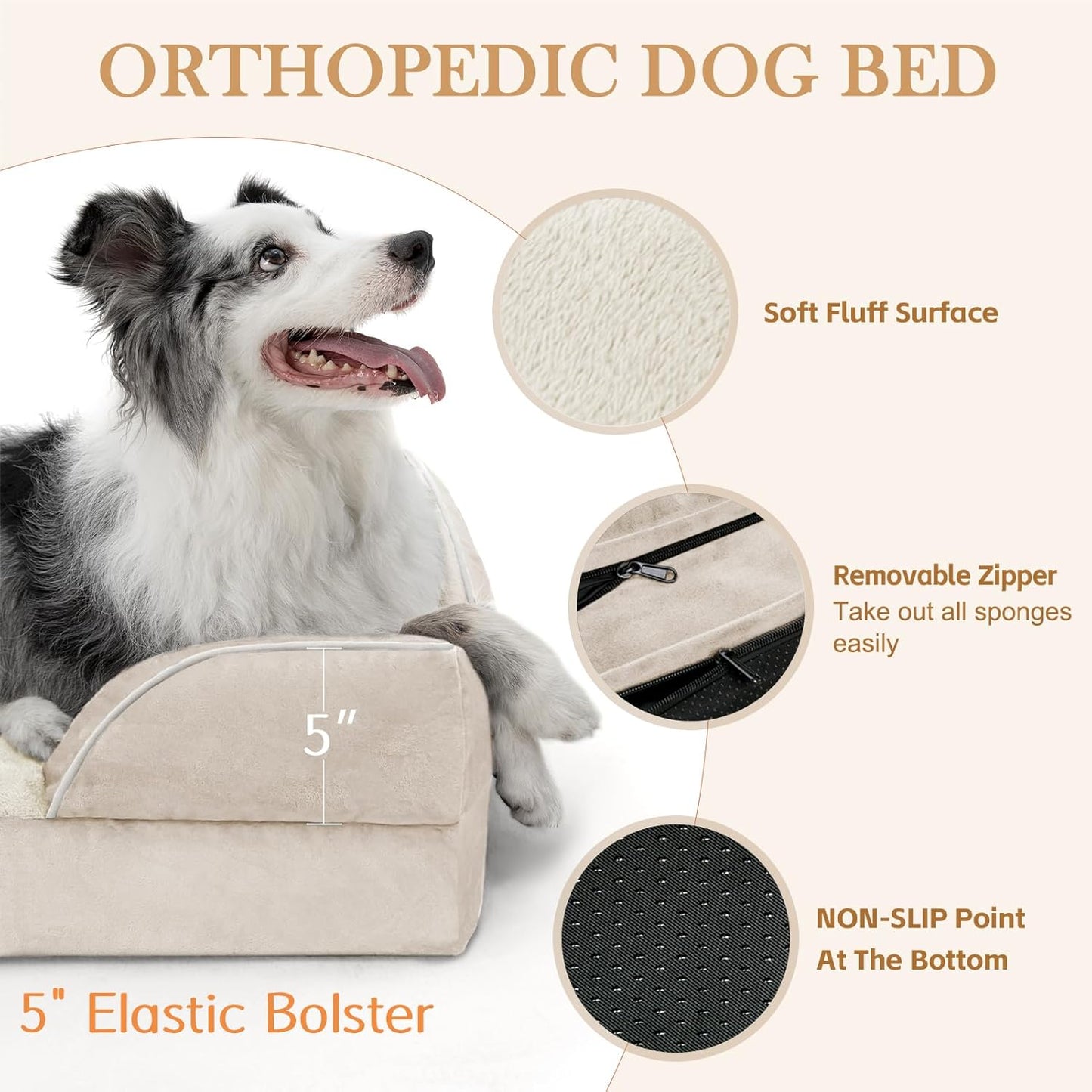 Comfort Expression XL Dog Beds for Extra Large Dogs, Waterproof Orthopedic Dog Bed with Bolster, Washable Pet Sofa Couch with Removable Cover & Non-Slip Bottom(X-Large,Beige)