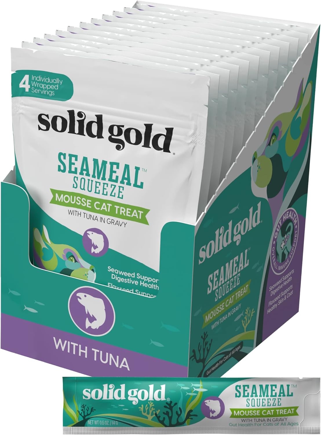 SeaMeal Squeeze Tuna Lickable Cat Treats with Seaweed for Skin & Coat - Wet Cat Treats with Digestive & Immune Health Support - Natural, Holistic, Grain Free (48 Squeezes)
