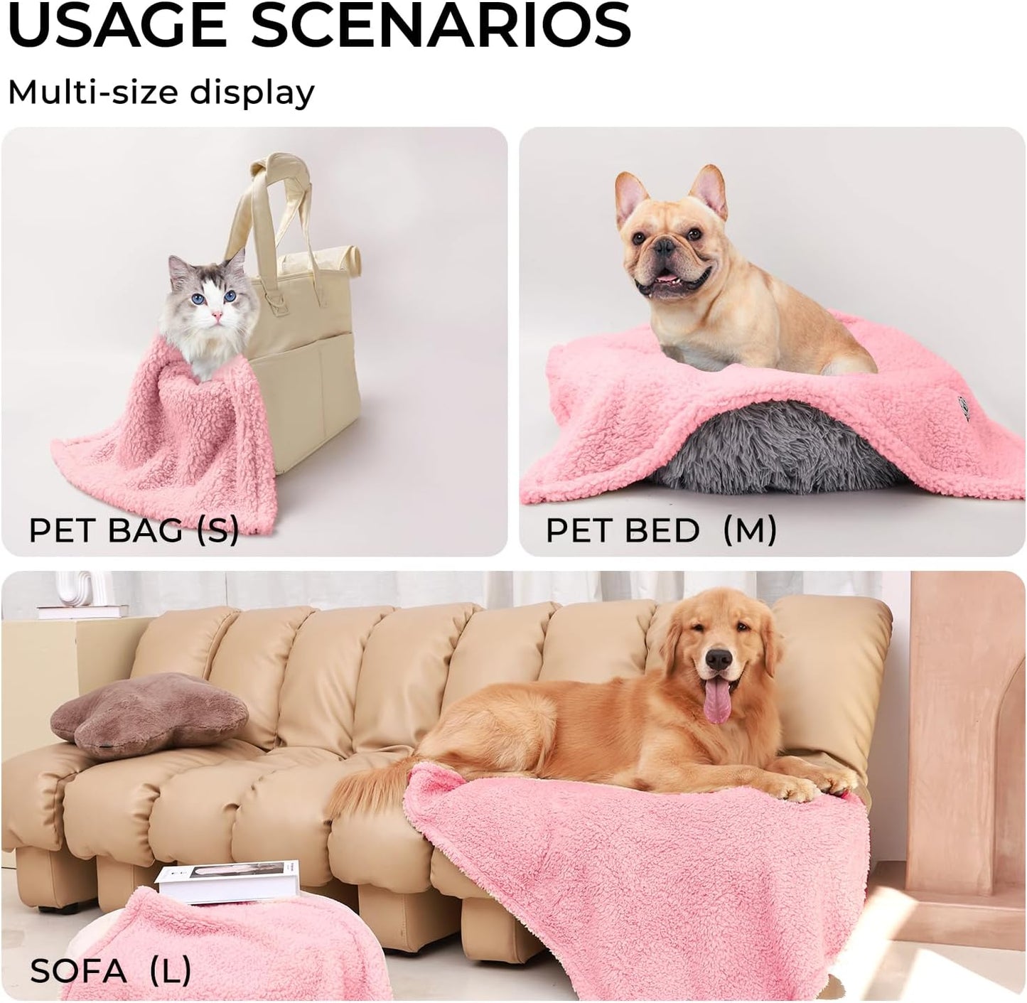 Luciphia 1 Pack 3 Calming Dog Blanket Fluffy Premium Fleece Pet Blankets Soft Sherpa Throw for Dogs Puppy Cat Beige/Pink/HazeBlue Small (23" x16")