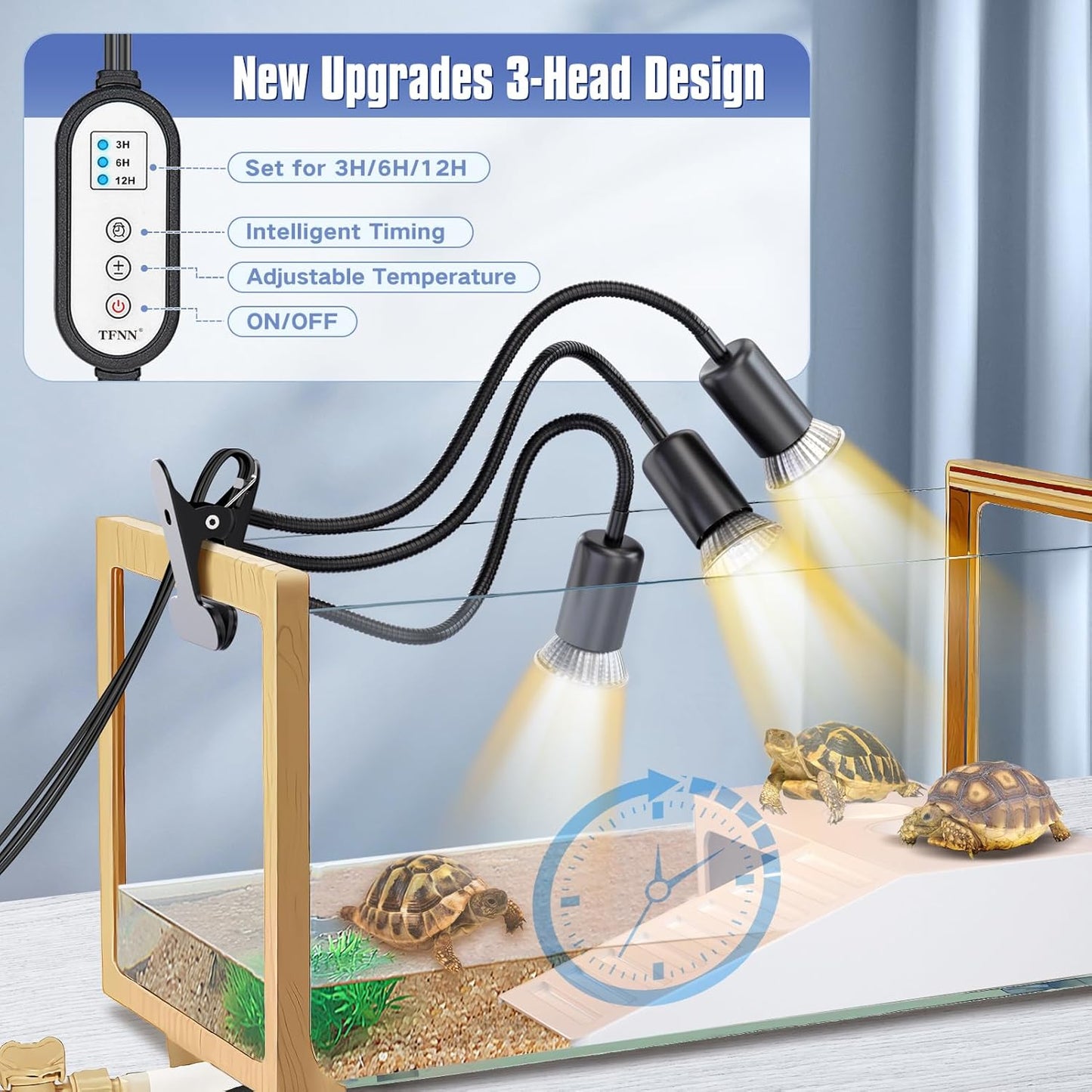 Reptile Heat Lamp, Three Head Reptile Light with Cycle Timer,UVA UVB Light, dimmable Basking lamp for Tortoise, Bearded Dragon, Lizard, Snake, E26/27 Base with 4 Bulbs (50W)-Black