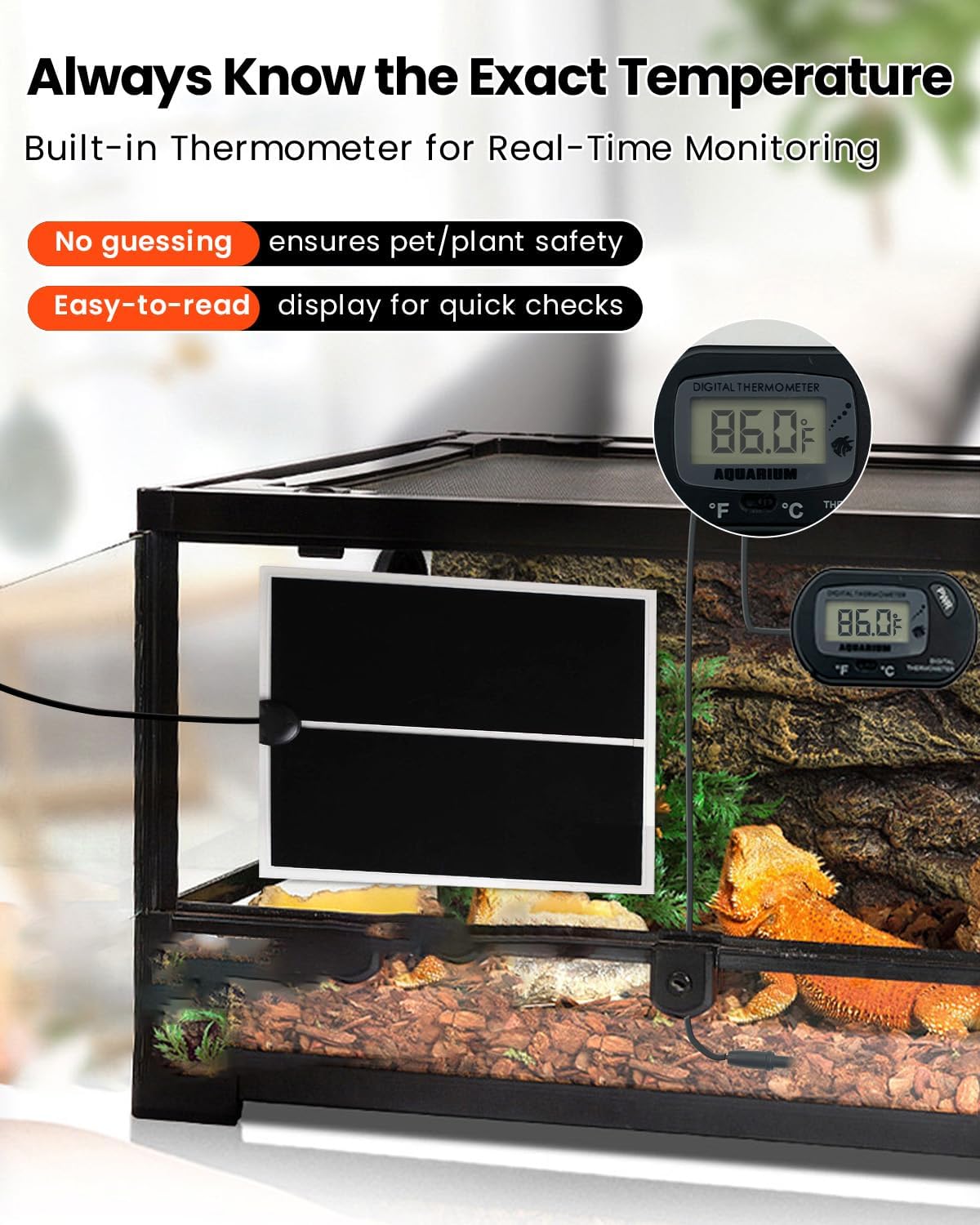 MQ Reptile Terrarium Heat Pad with LCD Digital Aquarium Thermometer, 6 x 11in Power Adjustment Under Tank Heater Mat for Pets, Small Animals, Seedling, 7W