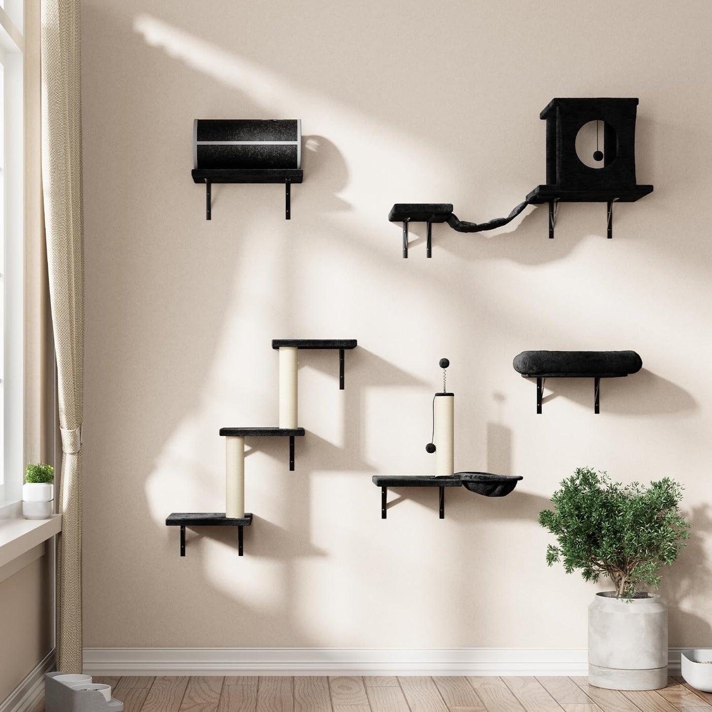 NUNU LAB Wall Mounted Cat Furniture, 7 Pcs Cat Wall Shelves with House, Tunnel, Bridge, Steps, Scratcher, Hammock, Bed, Indoor Safe & Stable Furniture for Kittens Play, Black