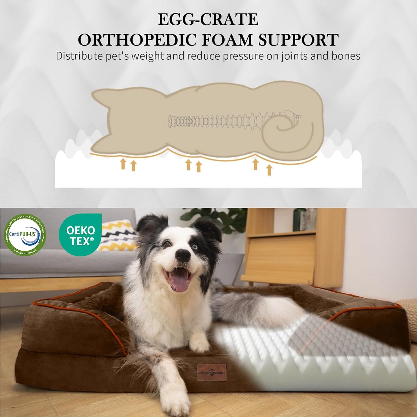 Comfort Expression Large Dog Beds Waterproof Orthopedic Foam Dog Sofa Beds Comfy Pet Bed with Washable Removable Cover & Non-Slip Bottom(Large,Chocolate Brown)