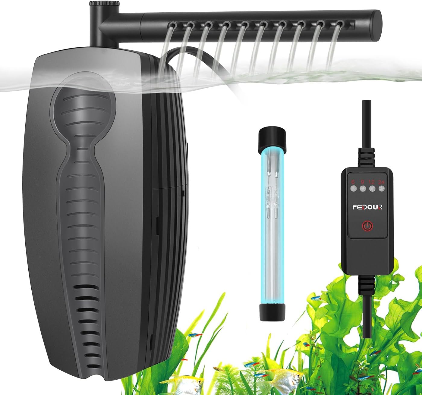 FEDOUR 165GPH Aquarium Filter U-V, 8W Adjustable Fish Tank Filter, U-V Submersible Internal Filter for 10-50 Gallon Tank, with Biochemical Cotton