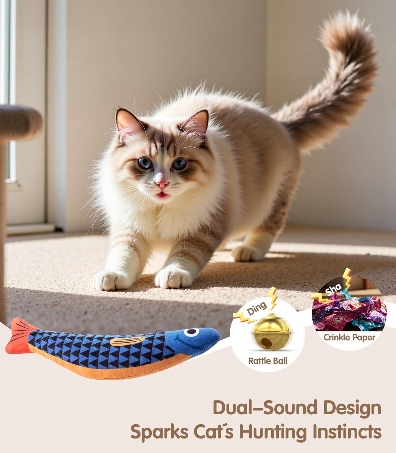 Interactive Cat Toys with[5000mg Premium A+Catnip][Baby Grade] Soft Chew Kicker Cat Toys for Indoor Cats & Kittens, Crinkle &Rattle Fish Sound Toy, Drives Bored Cats Crazy with Fun,3 Pack