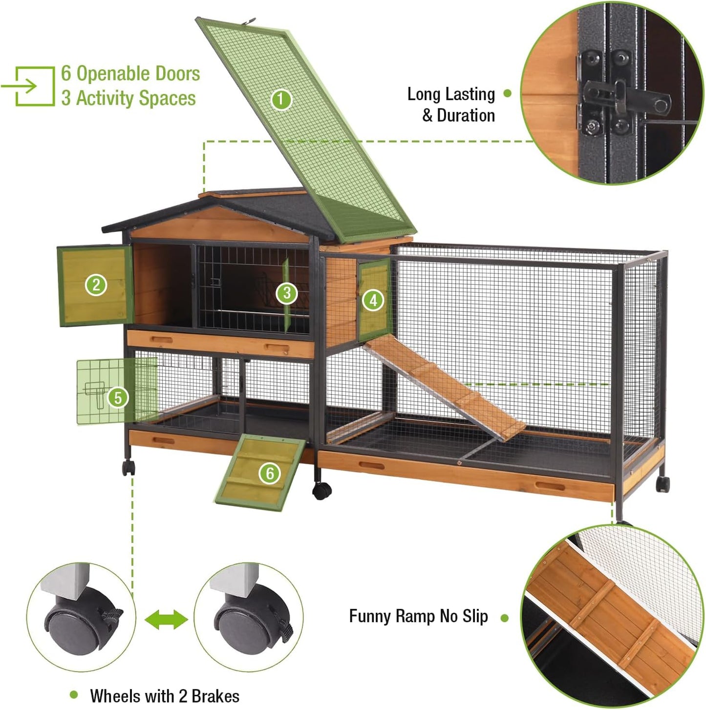 GUTINNEEN Rabbit Hutch Outdoor with Metal Surround Indoor Rabbit Cage with Wheels Bunny Cage Large Guinea Pig Cage for Small Animals with Tray