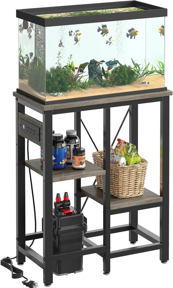 10 Gallon Fish Tank Stand with Power Outlets, 20 x10 Metal Aquarium Stand with 3-Tiers Adjustable Storage Shelves, 6-Legs Reptile Terrarium Stand, 264 LBs