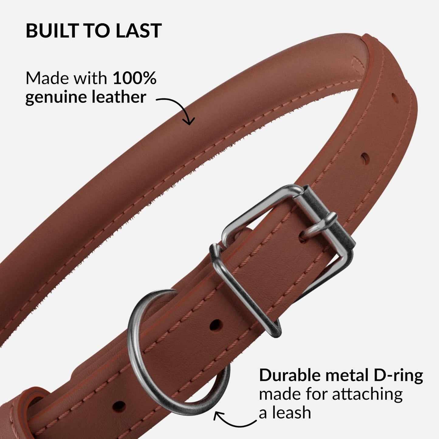 CollarDirect Rolled Leather Dog Collar, Soft Padded Round Puppy Collar, Handmade Genuine Leather Collar Dog Small Large Cat Collars 13 Colors (8-11 Inch, Cinnamon Smooth)