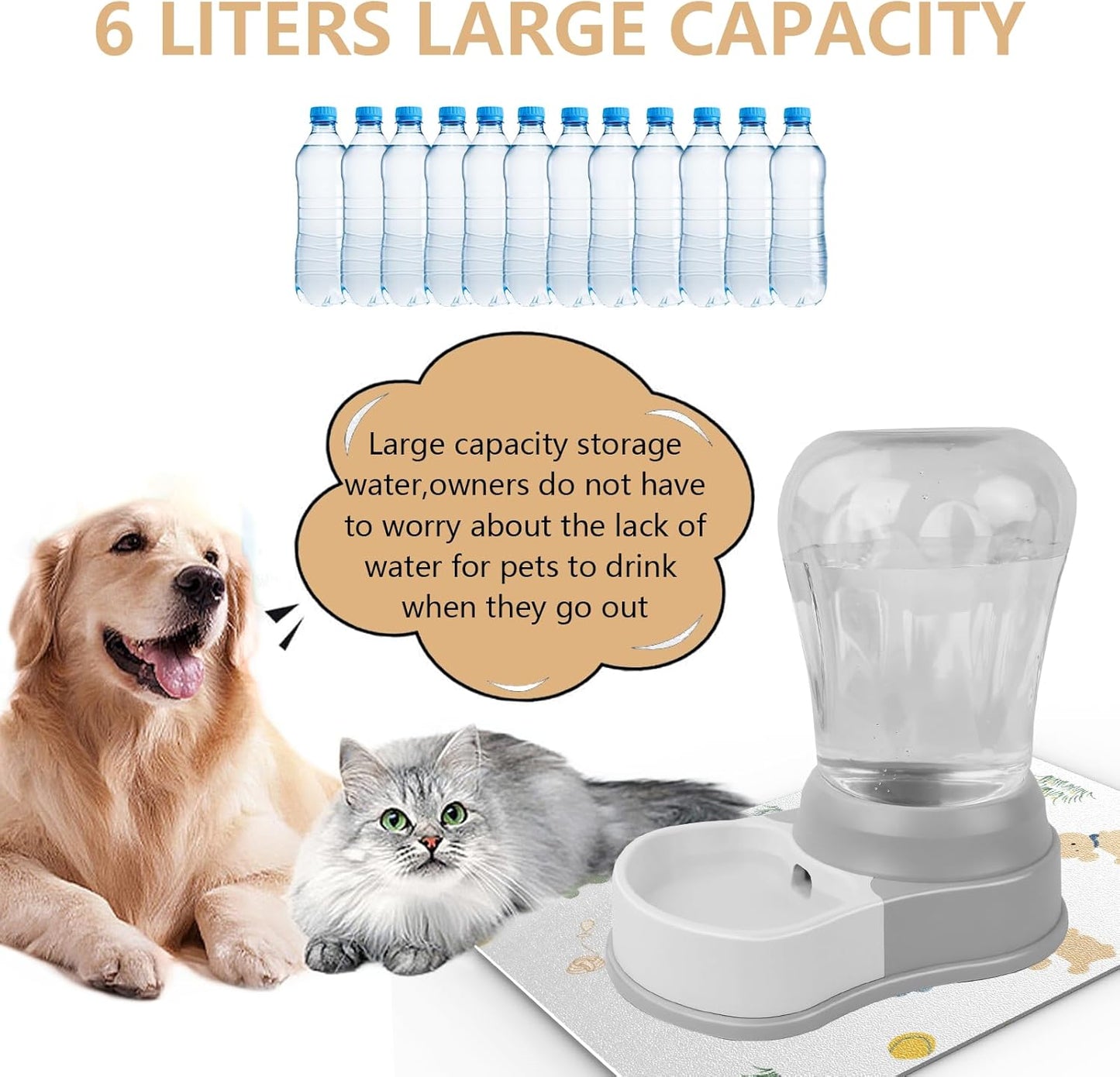 1.58 Gallon Automatic Dog Water Bowl Dispenser - Staltwo Premium Pet Water Dispenser with Non-Slip Mat, Large Capacity Water Feeder for Cats and Dogs, BPA-Free, 1.58 Gallon Grey