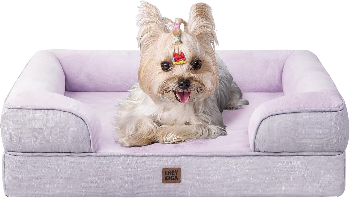 EHEYCIGA Orthopedic Dog Bed for Small Dogs, Waterproof Memory Foam Small Pet Beds with Sides, Non-Slip Bottom and Egg-Crate Foam Medium Dog Couch Bed with Washable Removable Cover, Lilac