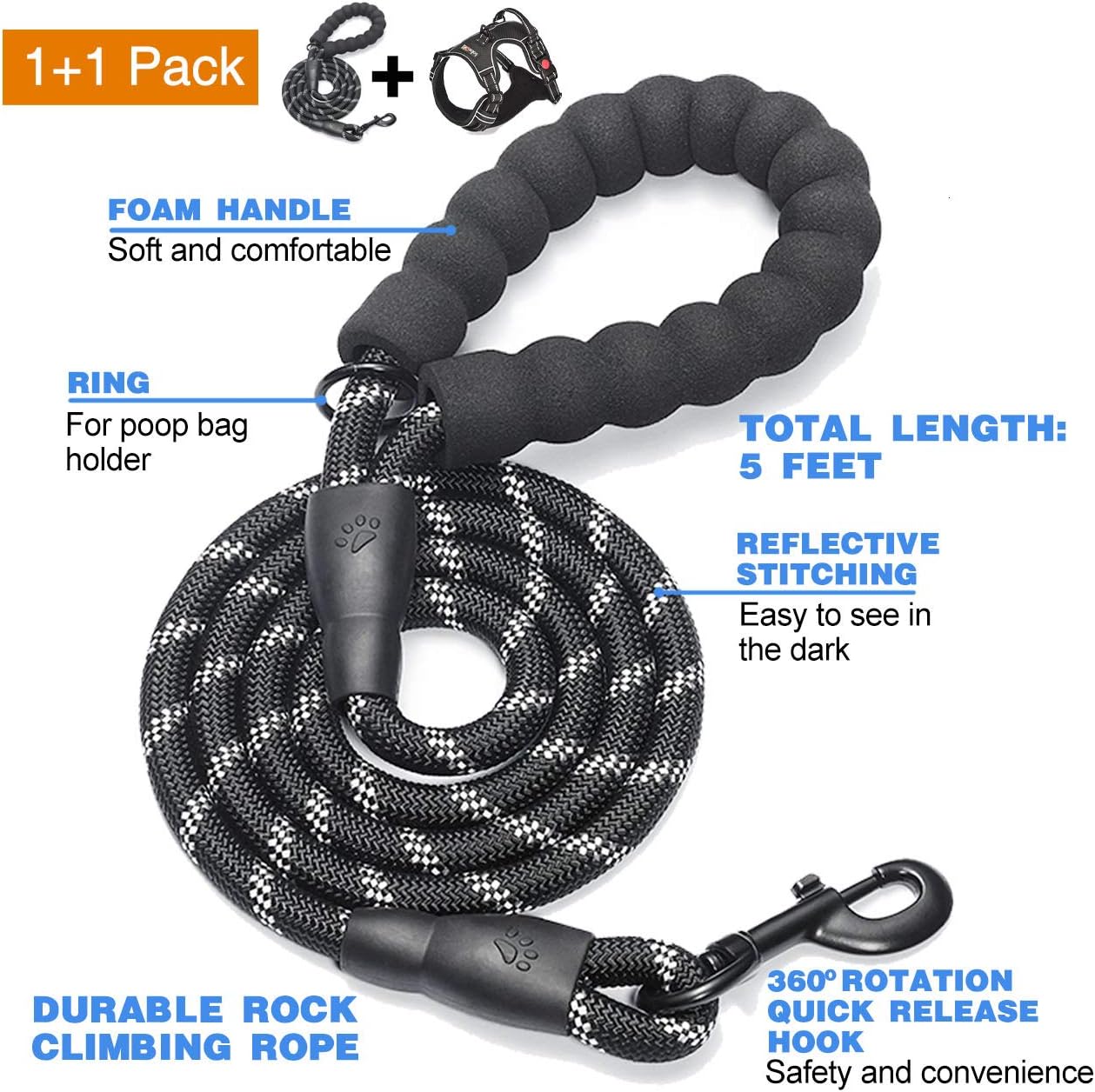 No Pull Dog Harness Adjustable Reflective Oxford Easy Control Medium Large Dog Harness with A Free Heavy Duty 5ft Dog Leash (L (Chest: 25.5"-31"), Black Harness+Leash)
