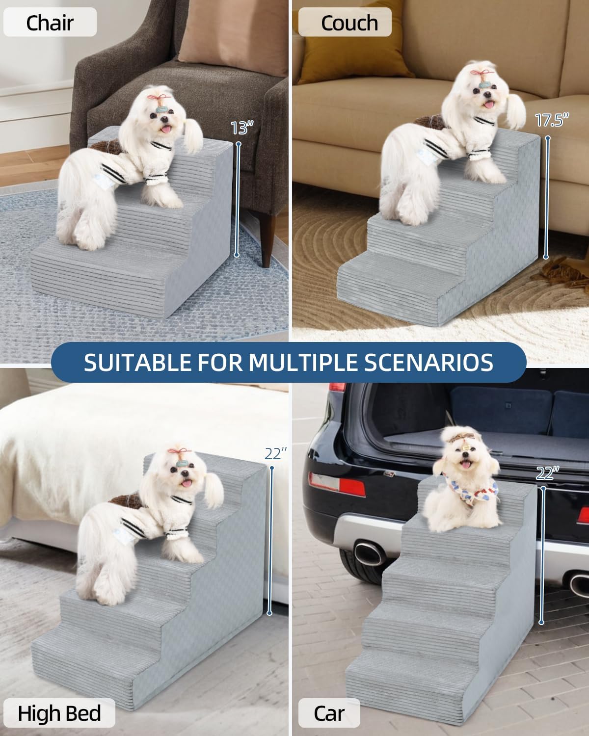 Dog Stairs for Small Dogs,22" H,5-Step Dog Steps for Bed and Couch with High Density Foam,Non-Slip Pet Steps for Doggy and Cat,Pet Stairs with a Washable Cover,Grey