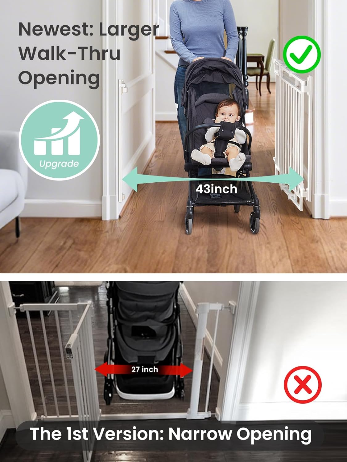 Grownsy Baby Gate for Stairs- No Bottom Bar, Adjustable Width 29.8” to 43.5” for Child and Pet, Dog Gate with Auto-Close & One-Hand Operation, Screw-in Installation for Doorways and Indoor Use