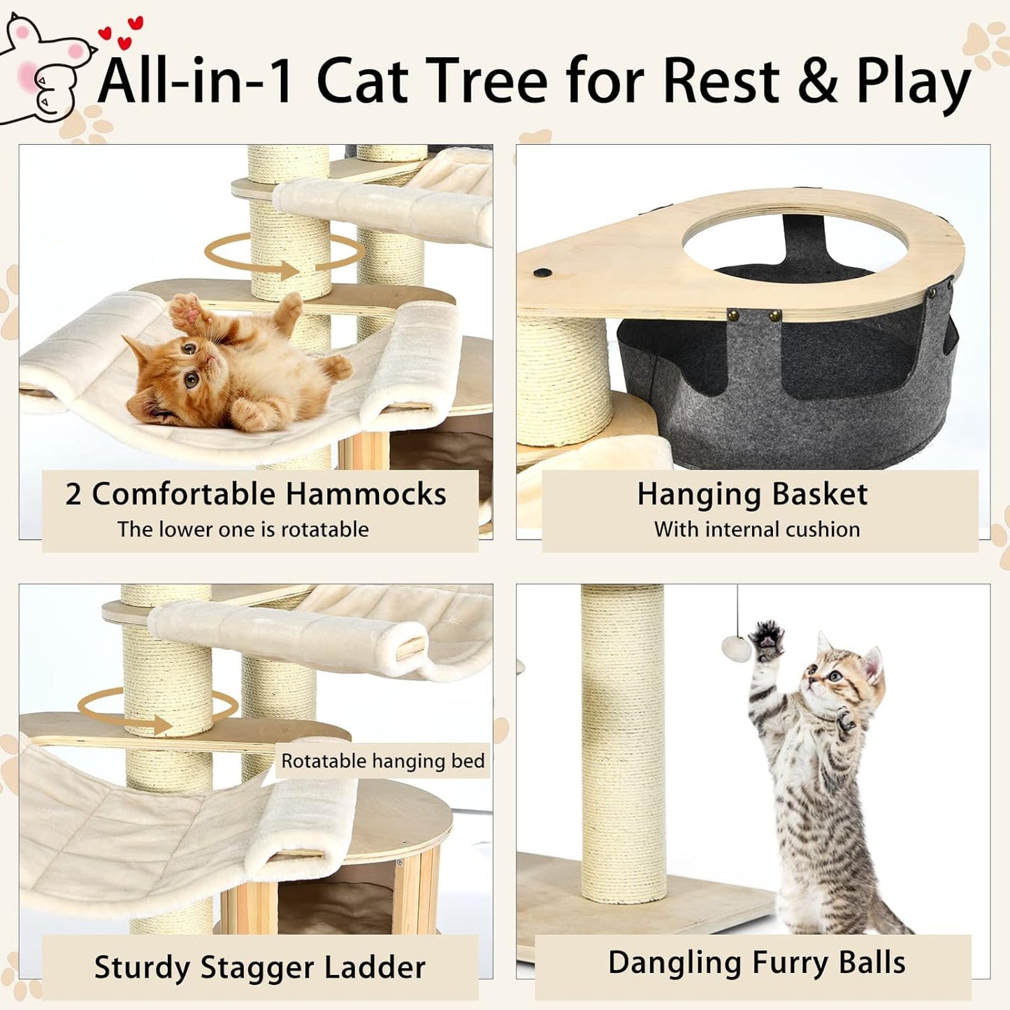 Tangkula Large Cat Tree, Multi-Level Tall Cat Tower with Sisal Scratching Posts, Hammocks, Hanging Basket, Cat Condo and Removable Washable Cushions, Modern Wood Cat Tree for Indoor Cats Large Adult