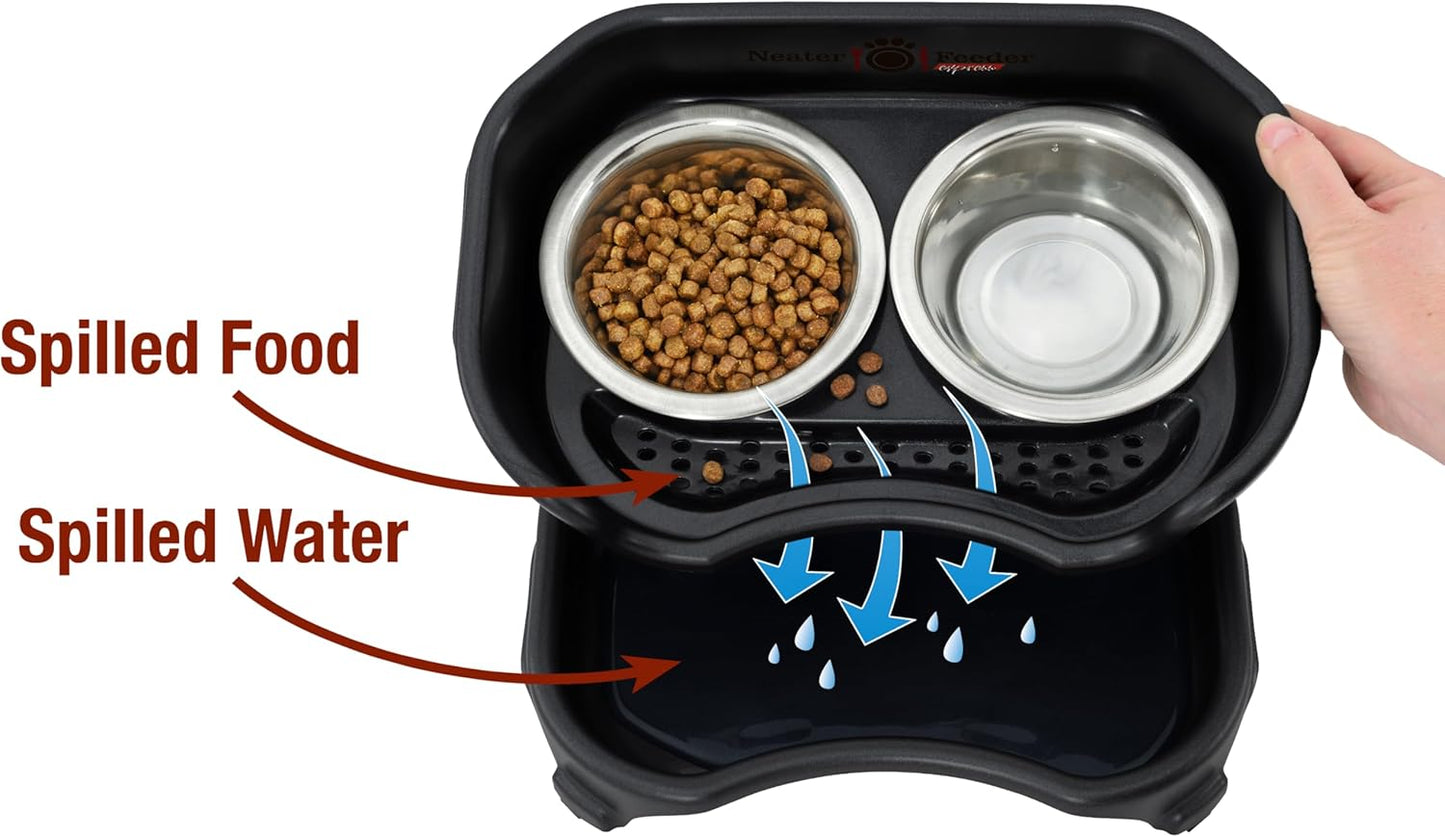Neater Feeder Express Mess Proof Dog Bowls Elevated for Small Breed – Made in USA – No Spill Raised Slow Feeder Elevated Dog Bowl Stand, Stainless Steel Food and Water Bowl Set, Black