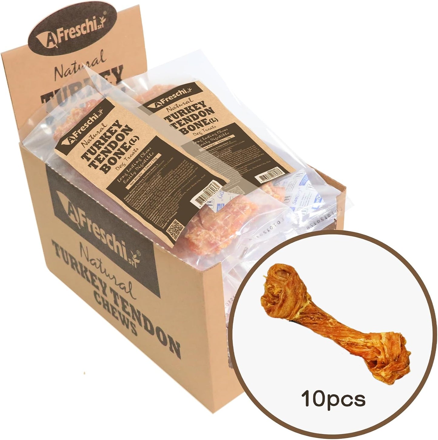 Afreschi Natural Turkey Tendon Bone (L) 10 Units/Box, Dog Treats for Signature Series, All Natural Human Grade Puppy Chew, USA-Sourced Turkey Tendon, Hypoallergenic, Rawhide Alternative