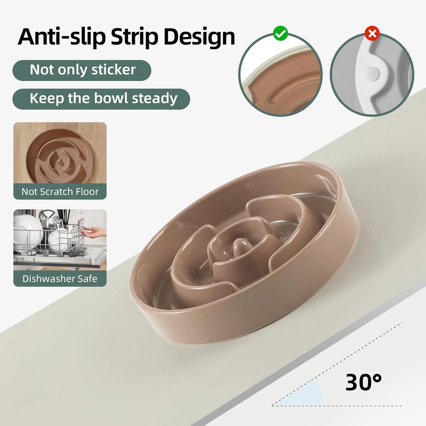 7.3inch Ceramic Raised Slow Feeder Dog Bowl Set, Elevated Wooden Stand for Medium and Small Dog, Puzzle Slow Food Dish, Preventing Choking(Brown Coffee, Single Bowl+ Stand)