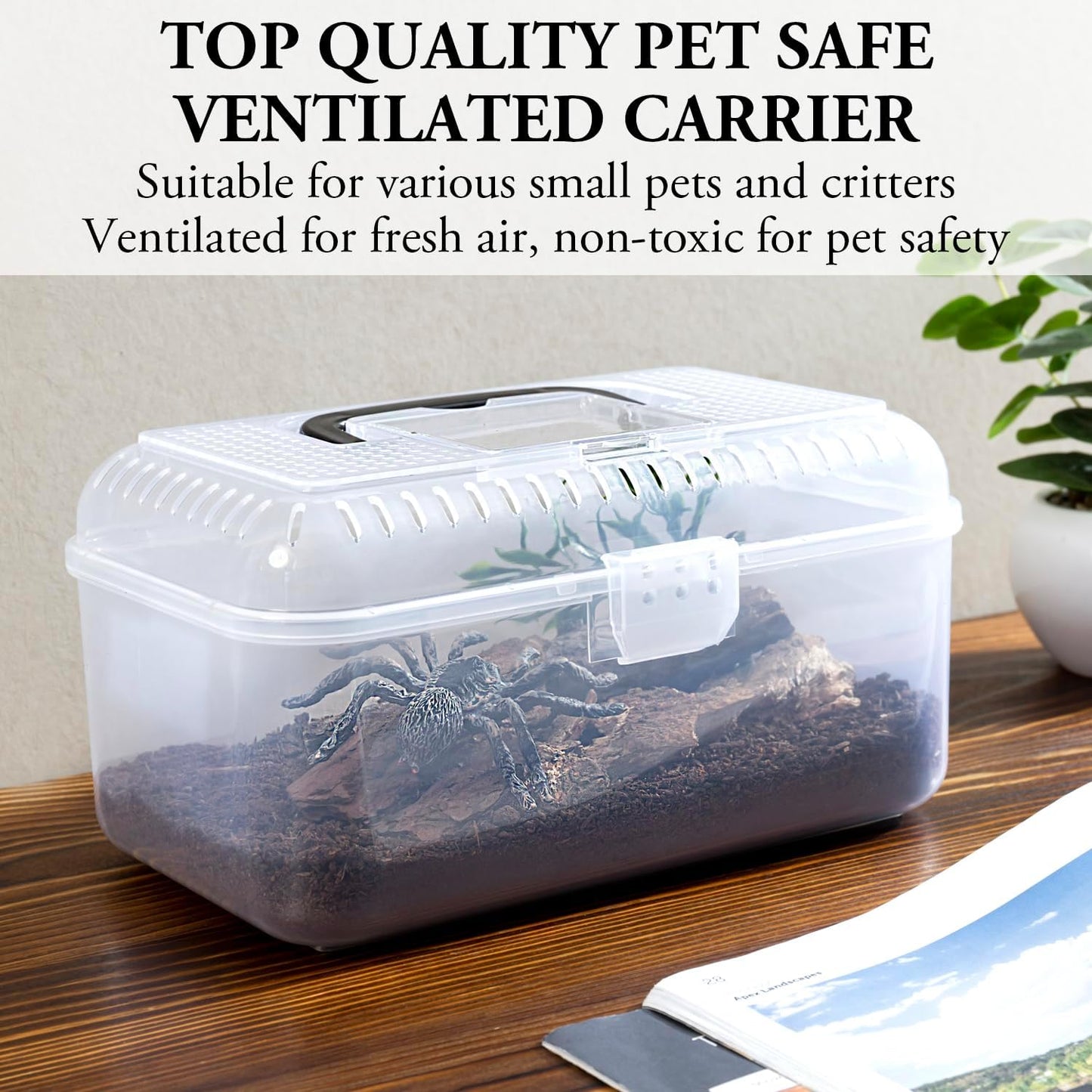 MyGift 9.5 x 6 Inch Clear Portable Insect Reptile Terrarium Tank with Black Carrying Handle, Transparent Travel Carrier for Insects Arachnids Amphibians Small Reptiles