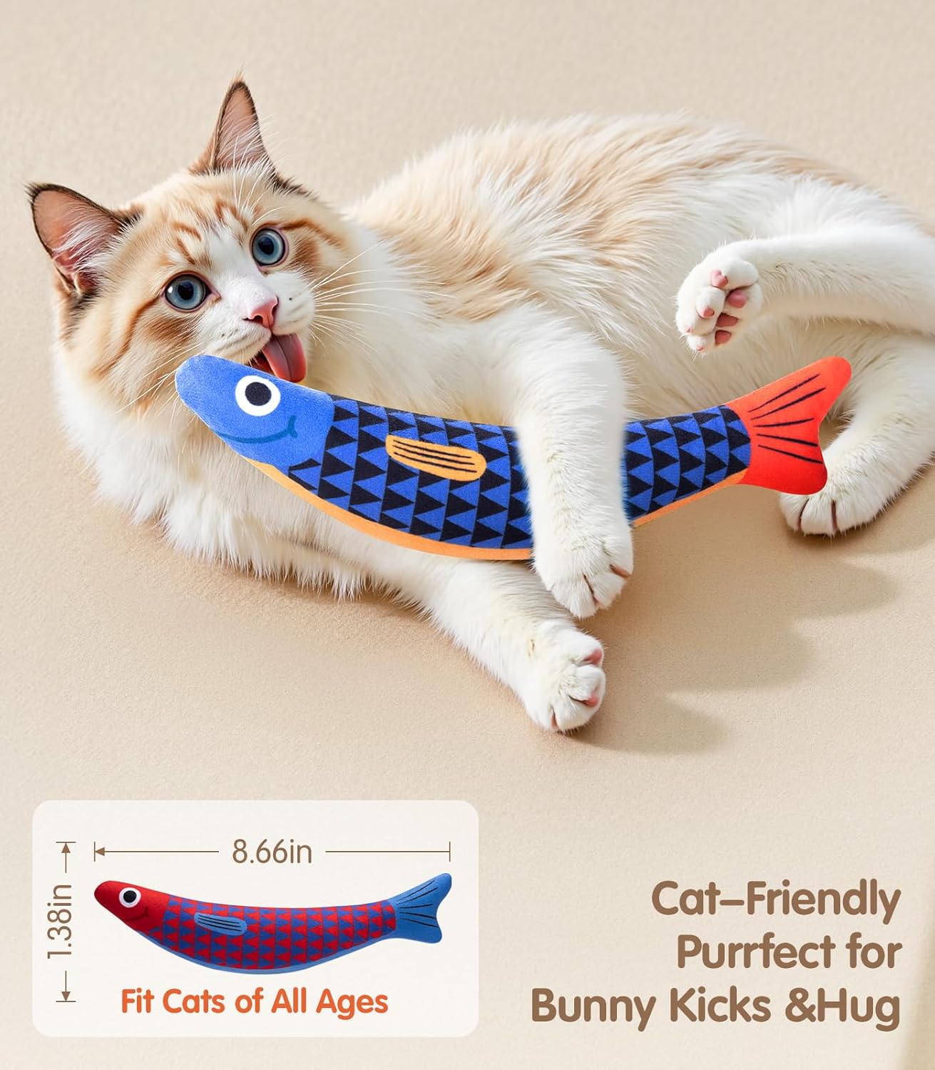 Interactive Cat Toys with [5000mg A+ Natural Catnip &Silvervine] [Baby Grade] Soft Chew Kicker Cat Toys for Indoor Cats & Kittens, Crinkle &Bell Fish Sound Toy, Drives Bored Cats Crazy with Fun,2 Pack