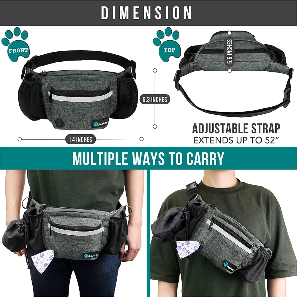 PetAmi Dog Fanny Pack, Treat Pouch for Dog Walking, Training, Built in Poop Bag Dispenser, Water Bottle Holder, Collapsible Bowl, Pet Treat Waist Belt for Hiking, Running, Kibbles (Charcoal)
