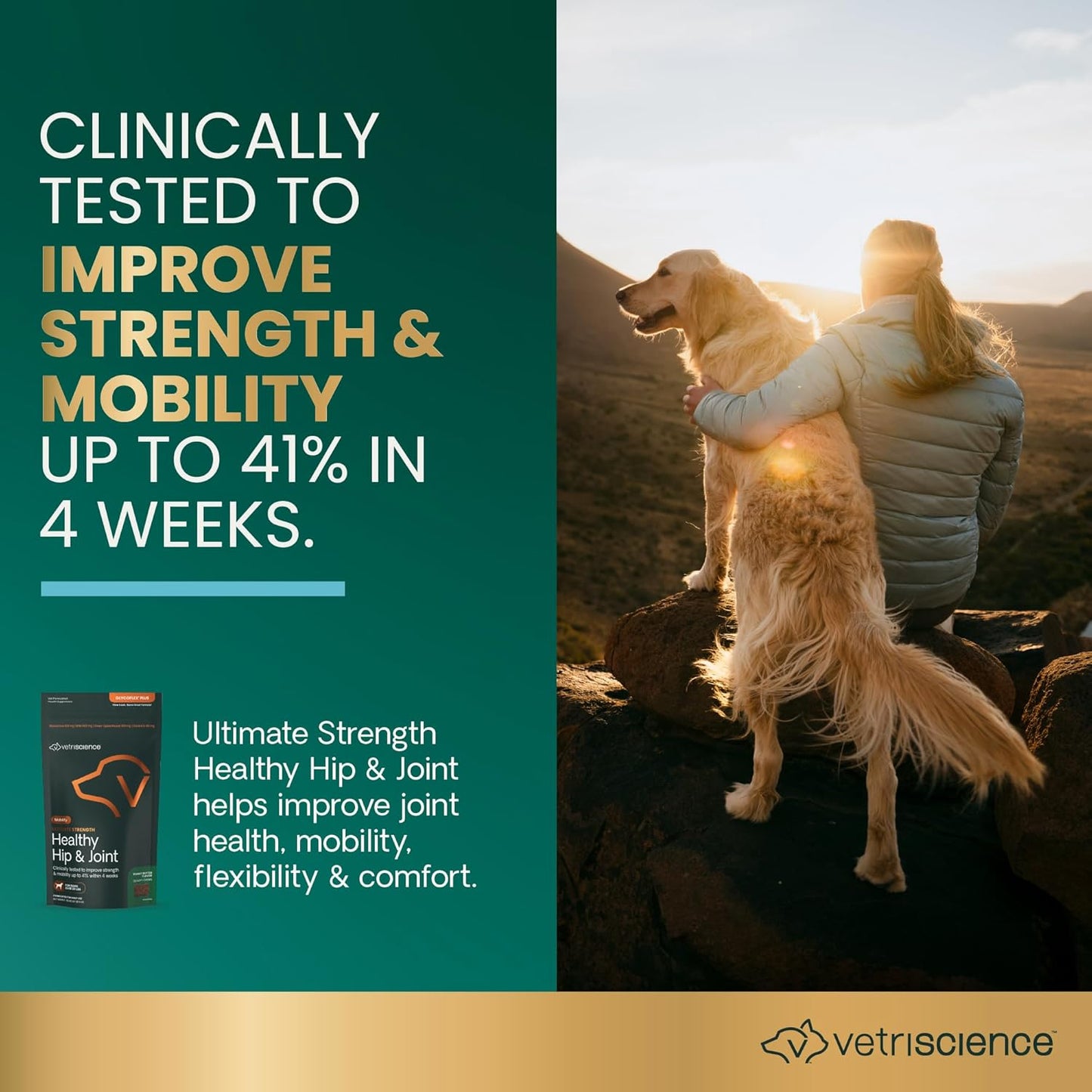 VetriScience Ultimate Strength Healthy Hip & Joint Chews, GlycoFlex Glucosamine, Chondroitin & Green-Lipped Mussel Joint Support Supplement for Dogs, Soothe Joint Discomfort, Peanut Butter, 120 Count