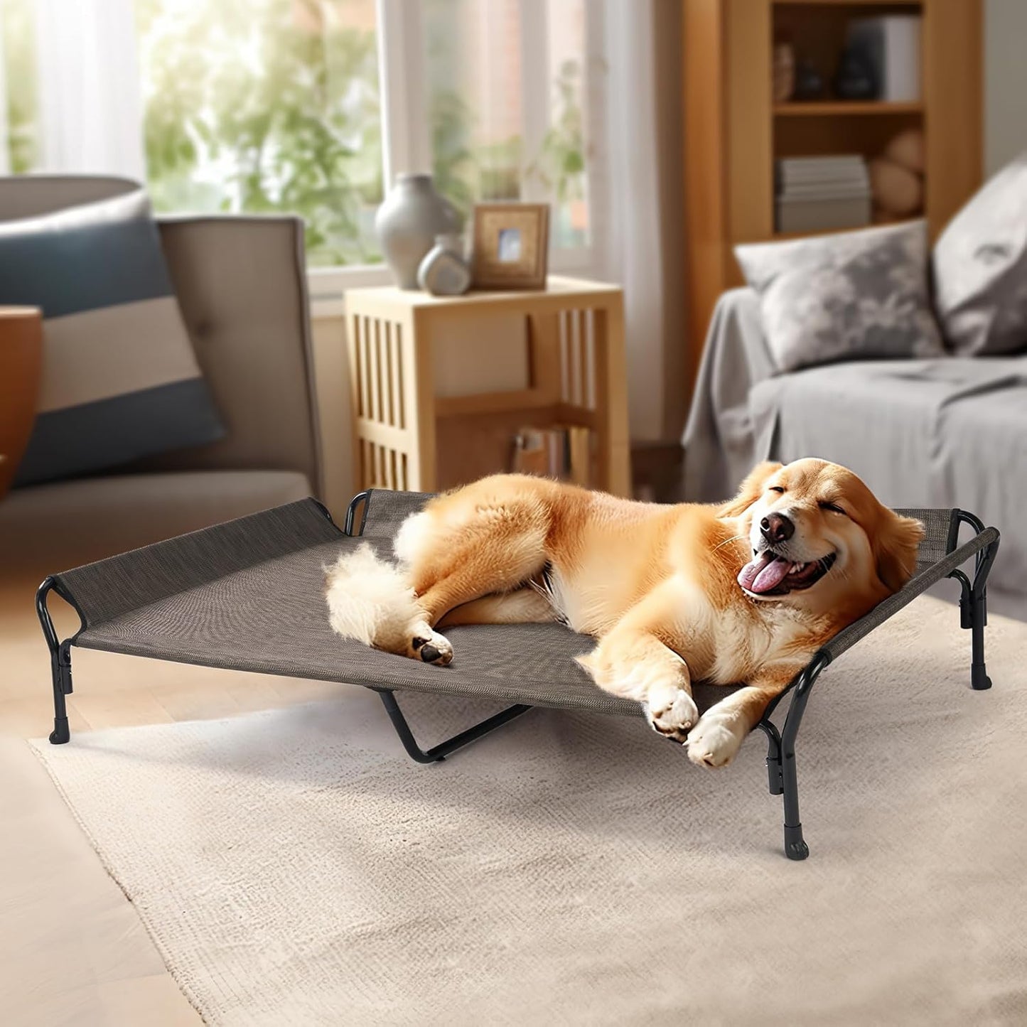 Veehoo Cooling Elevated Dog Bed, Guardrail Raised Pet Cot, Indoor & Outdoor XXL Pet Bed with Washable & Breathable Teslin Mesh, Non-Slip Feet, Dog Couch Bed, 62.5" x 37", Brown