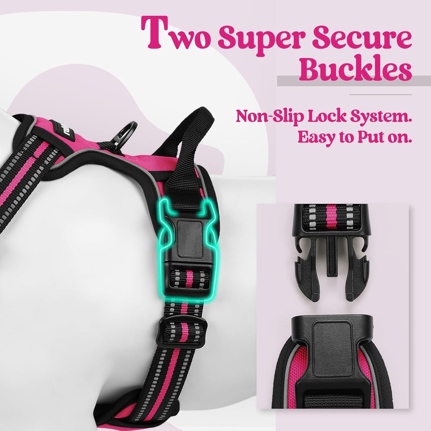 rabbitgoo Dog Harness No Pull with 2 Leash Clips, Adjustable Soft Padded, Reflective Oxford No Choke Pet Vest with Easy Control Handle for Large Dogs, Hot Pink, S