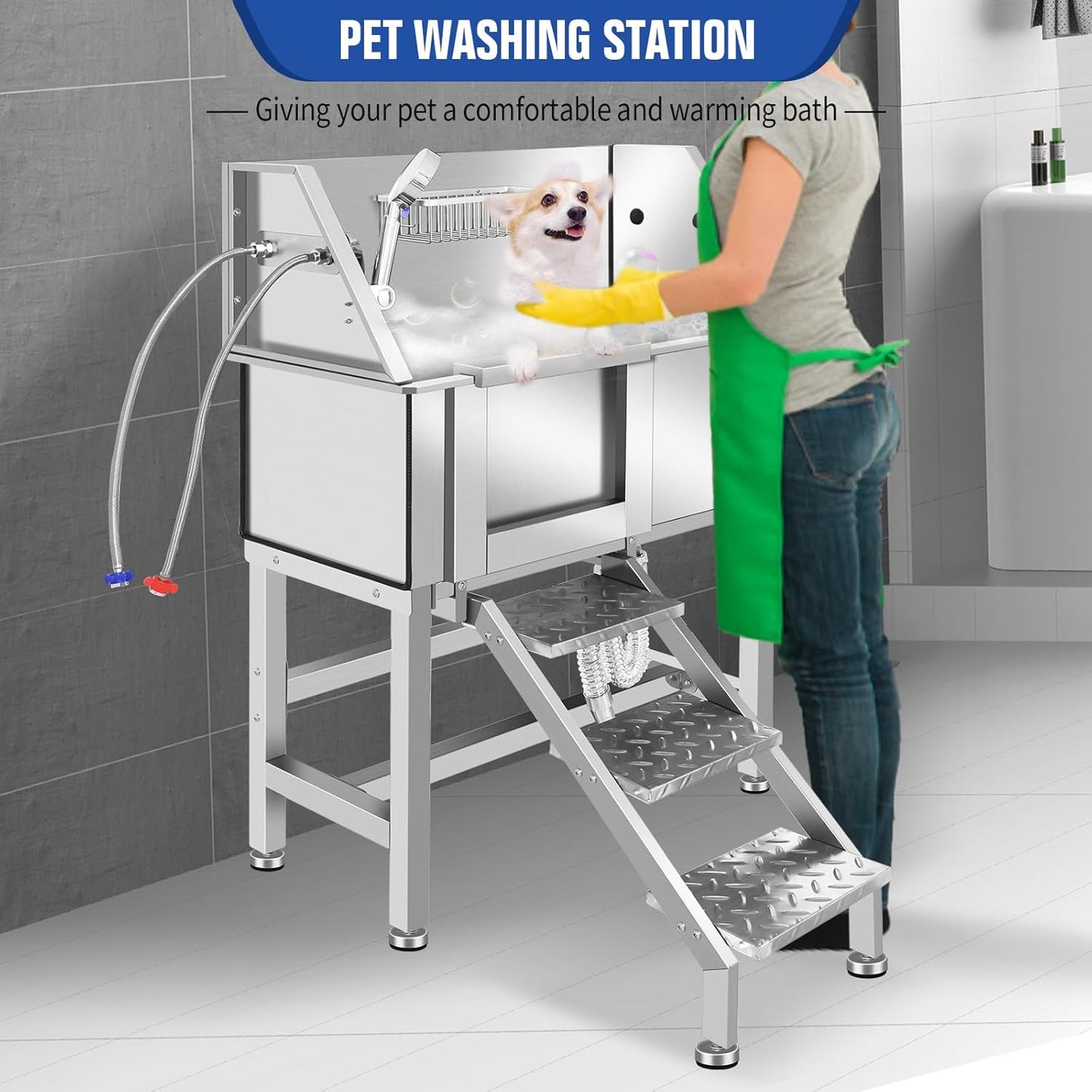 Professional Stainless Steel Dog Grooming Bathtub Station Wash Shower Sink with Faucet Walk-in Ramp and Accessories Pet Grooming Bathtub Station,34" L-RAMP