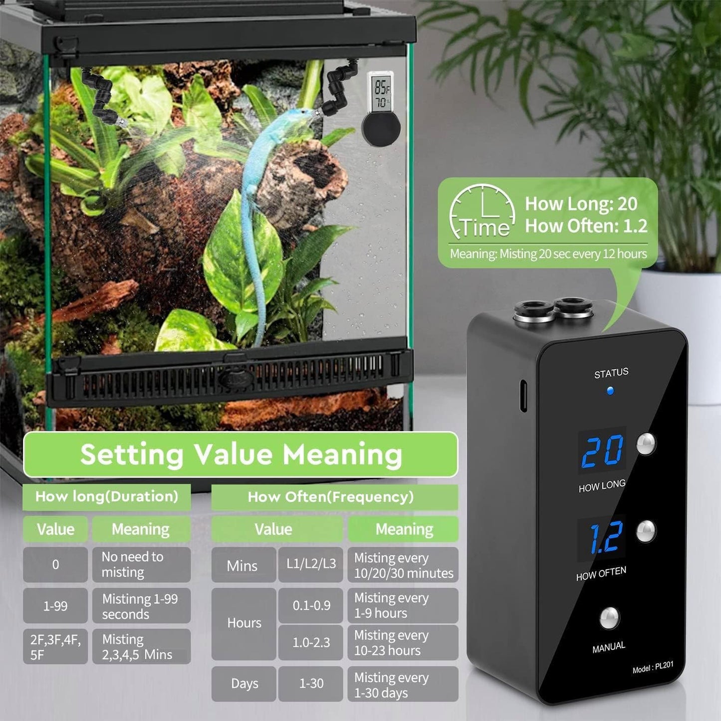 moistenland Reptile Humidifier, Misting System for Terrariums, Automatic with Adjustable Spray Nozzles, Black
