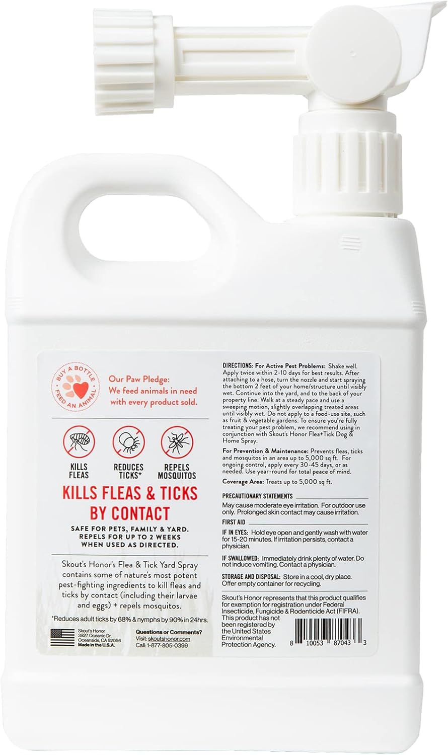 Skout's Honor Flea and Tick Yard Spray - Natural Peppermint & Cedarwood Formula, Helps to Protect from and Against Fleas, Ticks and Mosquitos, Covers upt o 5,000 Sq F, 32 oz.