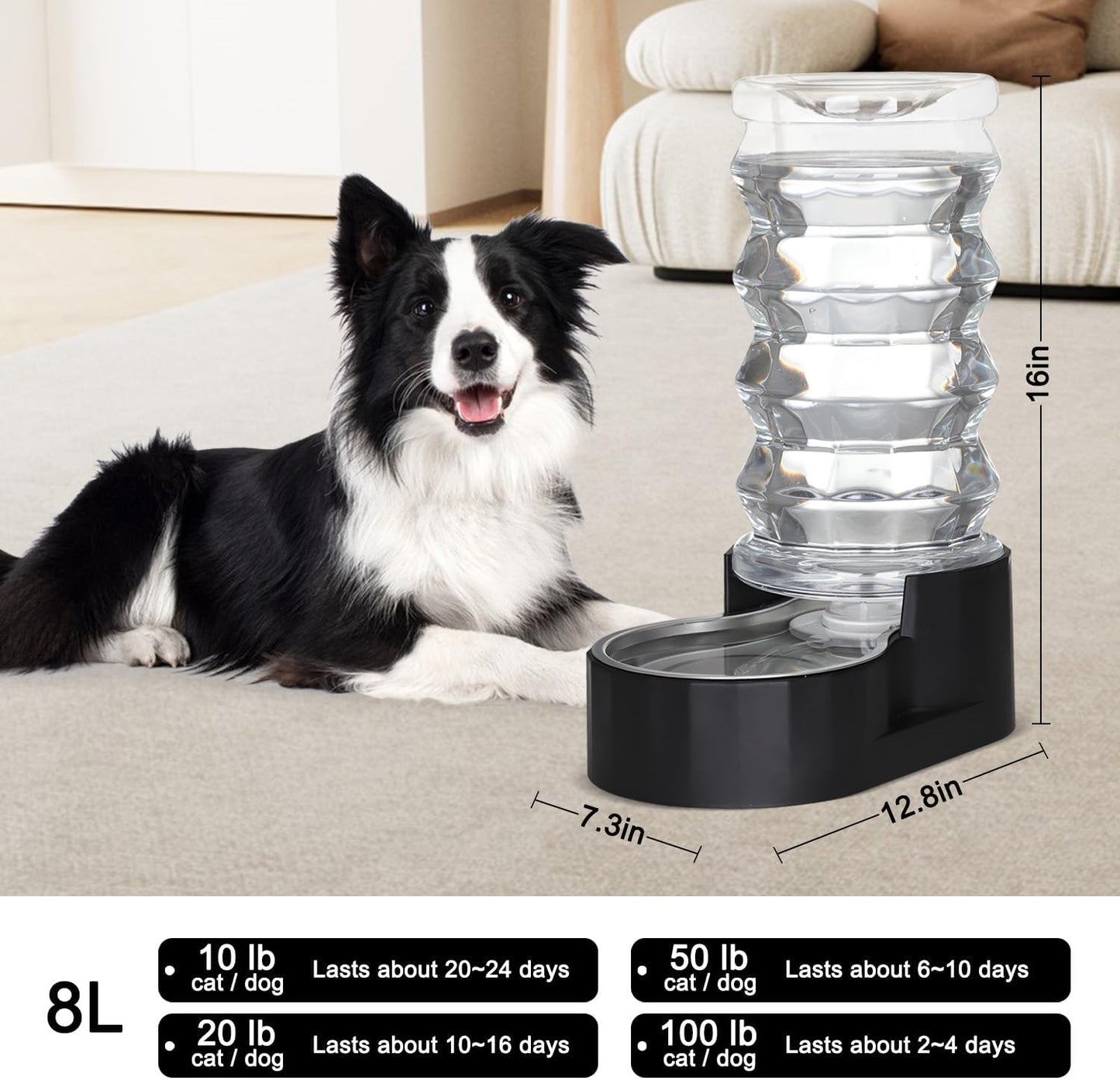 Sfozstra Lagre Gravity Dispenser for Dogs: 8L Black Automatic Stainless Steel Water Bowl Waterer - Great for Family Homes and Outdoor Activities