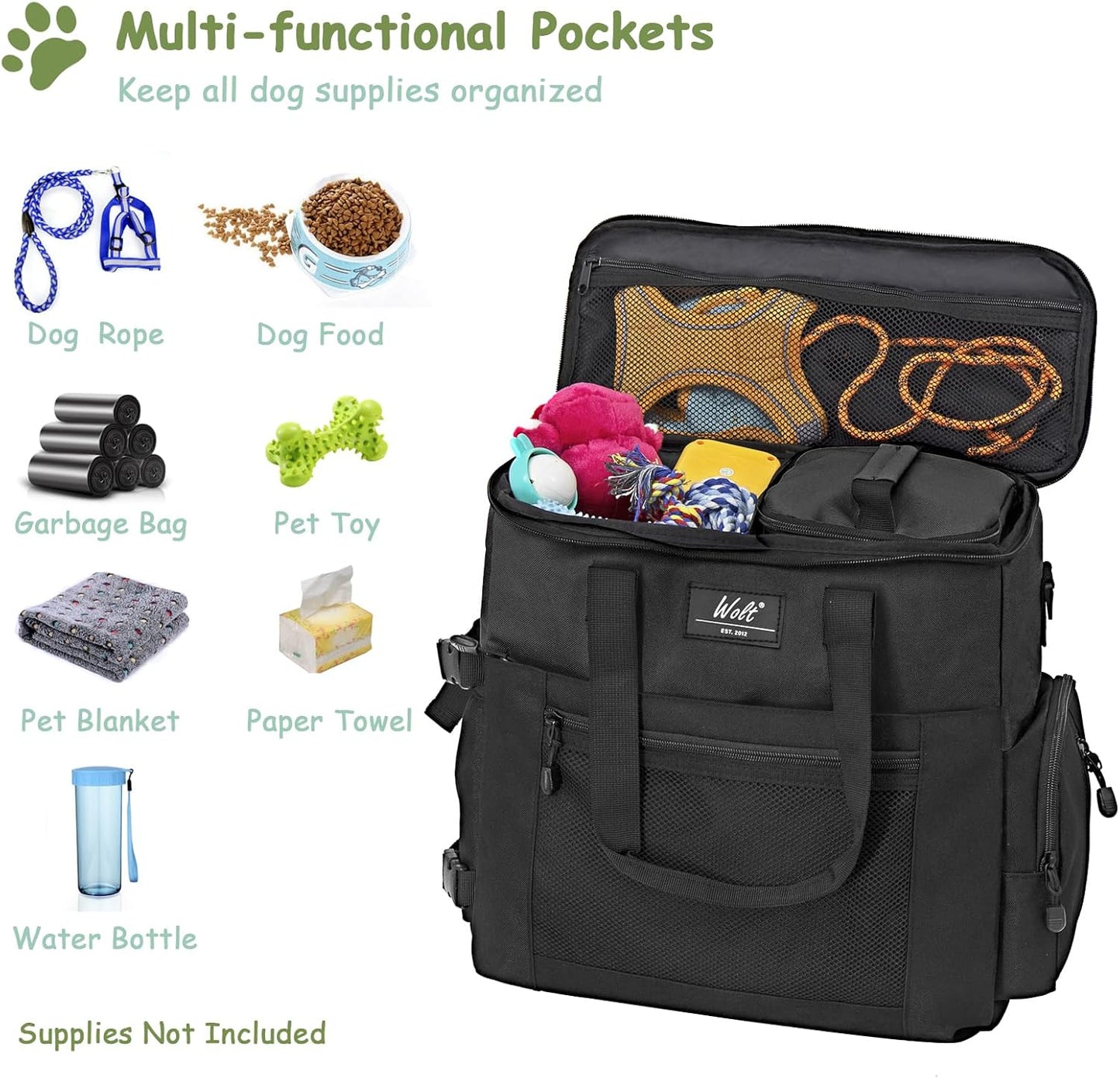 WOLT Dog Travel Bag Dog Bag for Traveling and Supplies with 2 Collapsible Bowls, 2 Food Containers, 1 Place Mat, Black