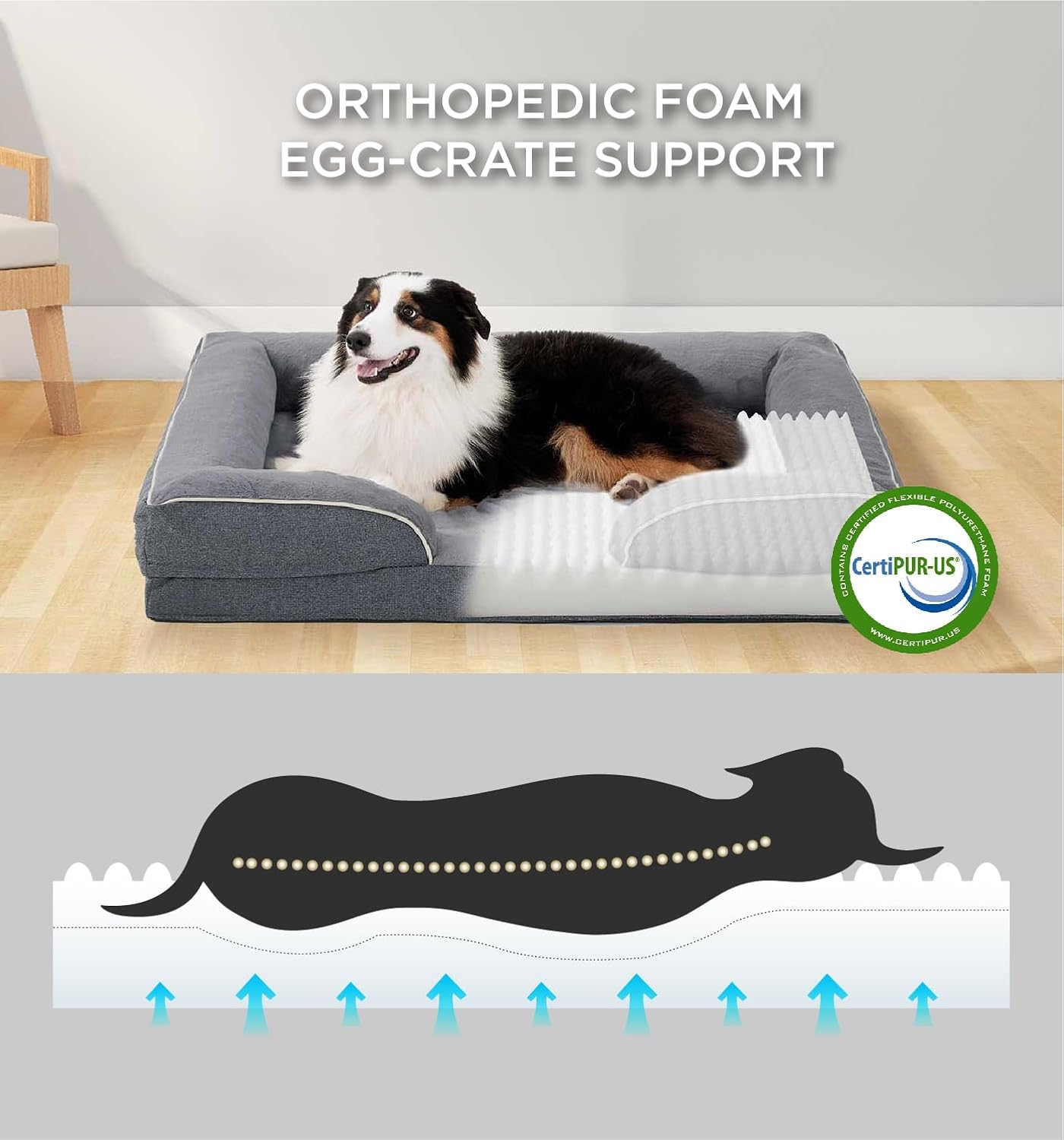 Made4Pets Orthopedic Dog Bed for Medium Large Dogs, Supportive Foam Medium Large Pet Bed Sofa with Washable Removable Cover, Waterproof Dog Couch Bed, Non-Slip Bottom and Egg-Crate Foam, Grey