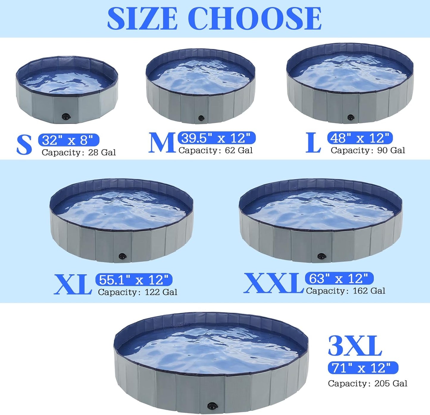 Foldable Dog Bath Swimming Pool 71'' Plastic Kiddie Pool Professional Tub Collapsible Grooming Bathtub for Pets Kids Baby and Toddler, 71 x 12 Inches Gray