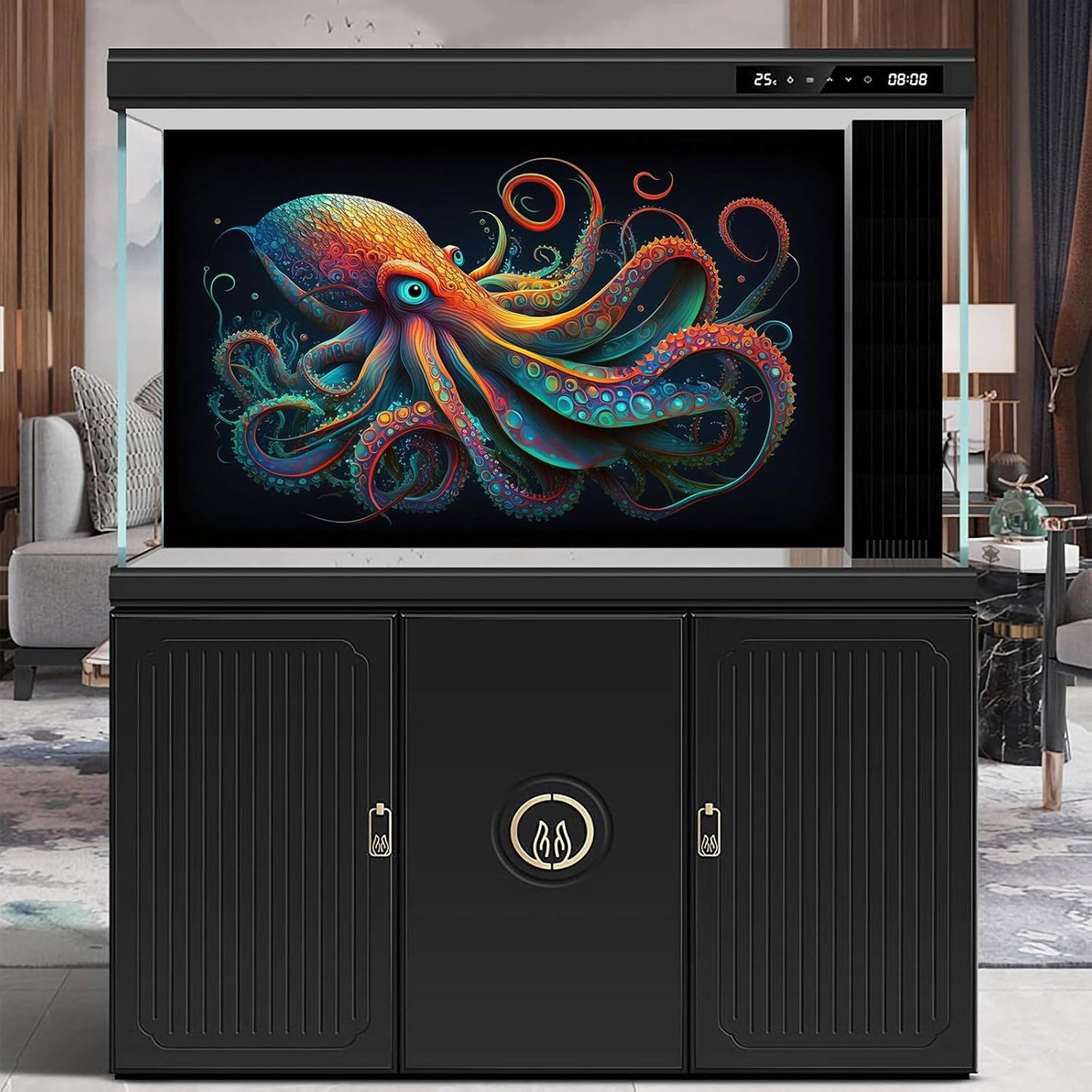 Octopus Aquarium Background Abstract Colorful Octopus Terrarium Background Glowing Octopus on Black Background Fish Tank Backdrop Poster Wallpaper Decorations Vinyl 72x18in