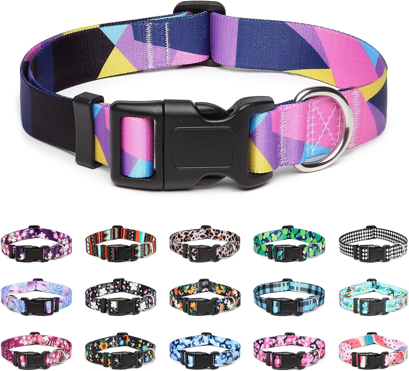 Mercano Adjustable Dog Collar - Special Design Patterns, Soft Nylon Comfortable Sturdy Pet Collar for Small Medium Large Dogs (M, Geometry Purple)