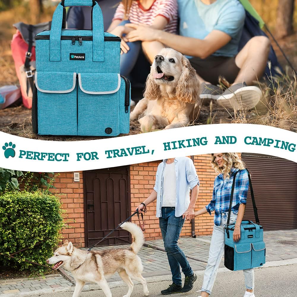 PetAmi Dog Travel Bag Pet Supplies Accessories Organizer for Traveling, Camping, Weekend; Cat Pet Travel Bag Kit Includes 2 Food Storage Containers, 2 Collapsible Bowls, 1 Feeding Mat (Teal Blue)