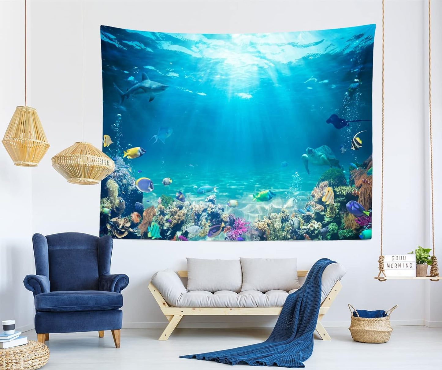 Loccor Underwater World Tapestry Blue Ocean Wall Hanging Under the Sea Coral Reef Wall Tapestry Tropical Fish Tank Undersea Tapestries Marine Wall Art for Bedroom Living Room Dorm Decor 92x70 Inches
