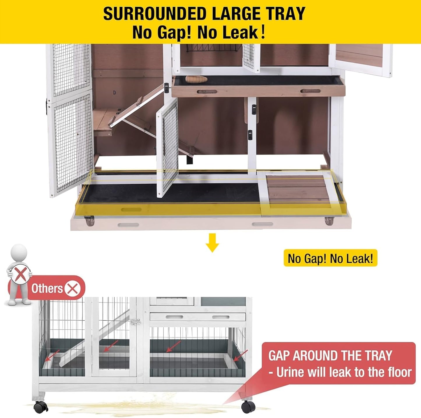 Aivituvin Rabbit Hutch Bunny Cage with Wheels Indoor Outdoor 47" Two Story Guinea Pig Cage with 2 Deep No Leak Tray
