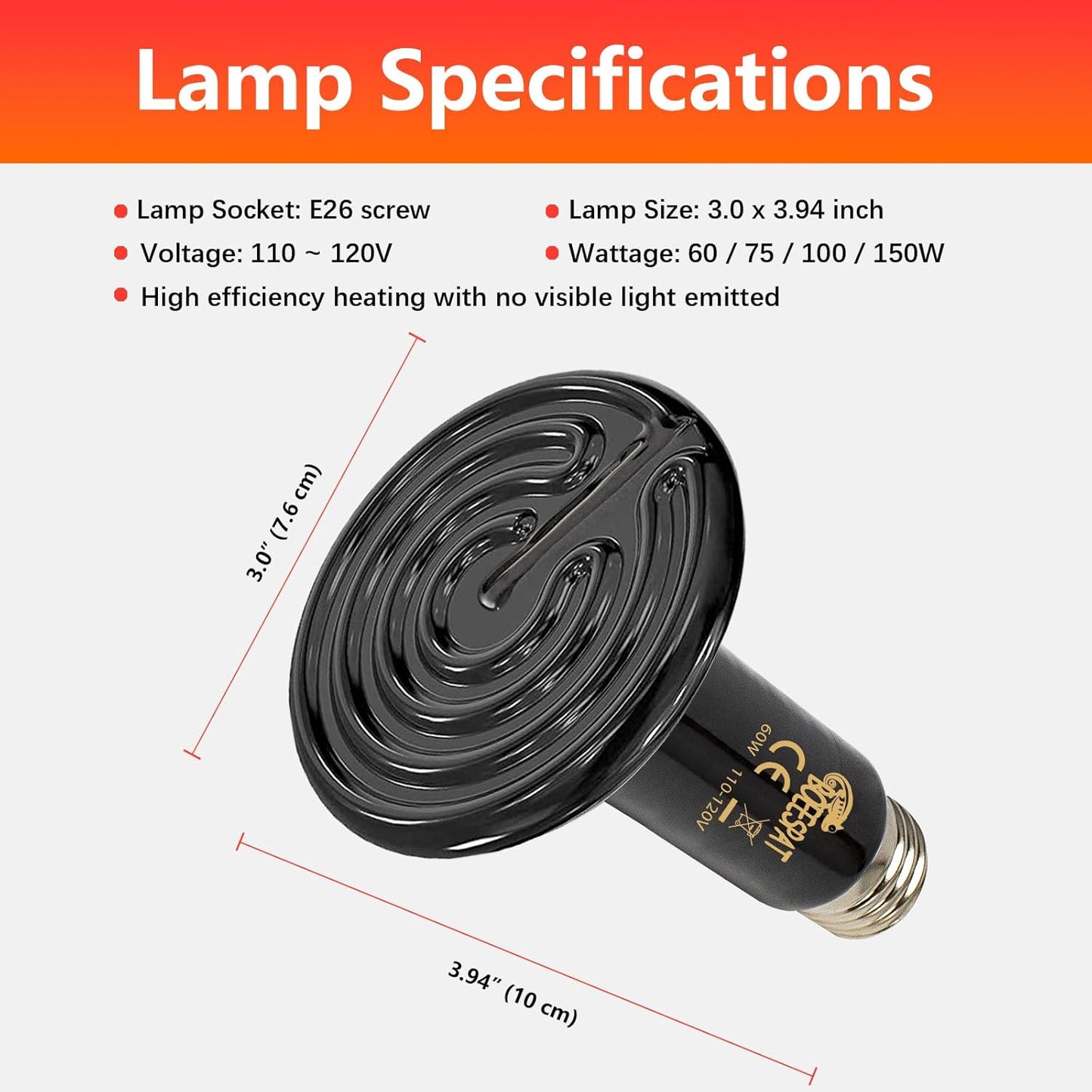 Energy Efficient 60W Reptile Basking Heat Lamp Bulbs, Pack of 2 Ceramic Heat Emitters for Tortoise, Bearded Dragon, Lizard, Iguana, Reptile (Black, 60 Watts)