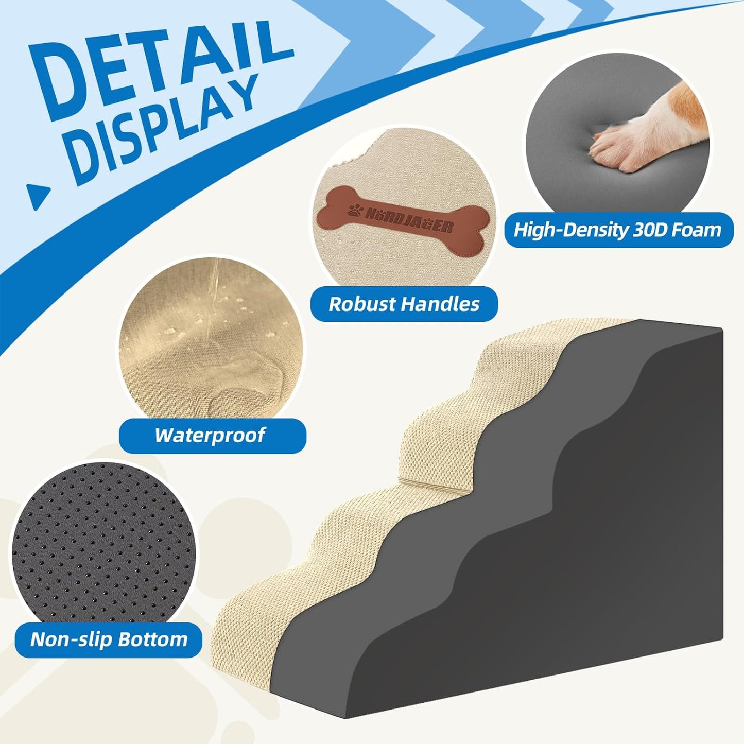 5-Step Spliceable Pet Stairs: Indoor& Outdoor Multi-Use with a Removable Cover and a Pocket, Best for Small Pets and Older Dogs Who Has Spine and Arthritis Issues to Get on High Beds, Beige（22.8" H）