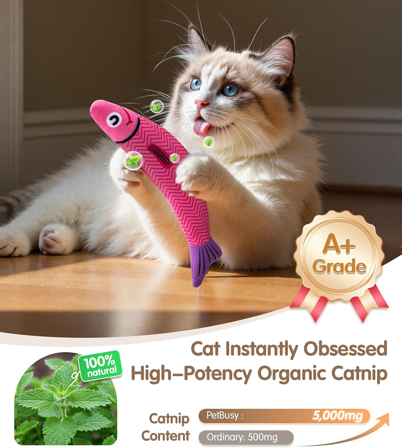 Interactive Cat Toys with[5000mg Premium A+Catnip][Baby Grade] Soft Chew Kicker Cat Toys for Indoor Cats & Kittens, Crinkle &Rattle Fish Sound Toy, Drives Bored Cats Crazy with Fun,3 Pack